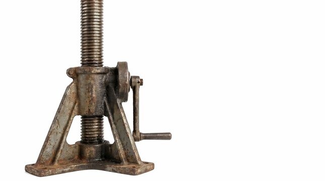 Heavy duty industrial mechanical screw jack with a rusted metal surface isolated on white background