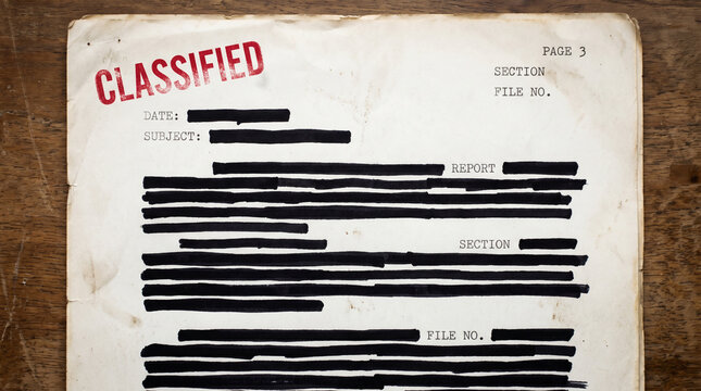 Top secret classified government document with blacked out text black ink classified document redacted