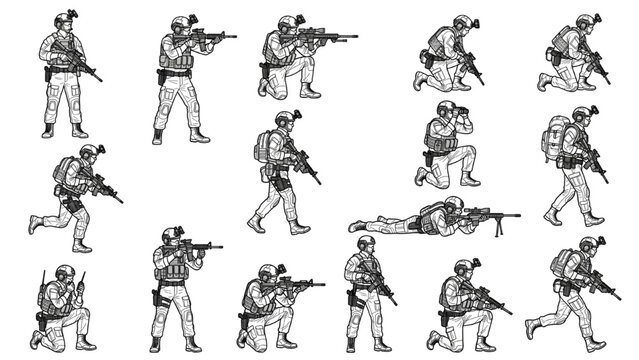 A collection of diverse illustrations depicting soldiers in various tactical poses and actions, highlighting combat readiness and military operations