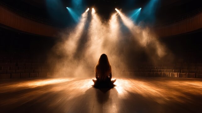 A dancer sits in a contemplative pose under dramatic stage lights, creating an atmosphere of mysticism and artistry that captivates feelings of anticipation and focus.