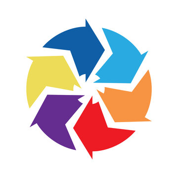 Six colorful circular arrows in rotating cycle formation for business infographic design and strategic process visualization tool.