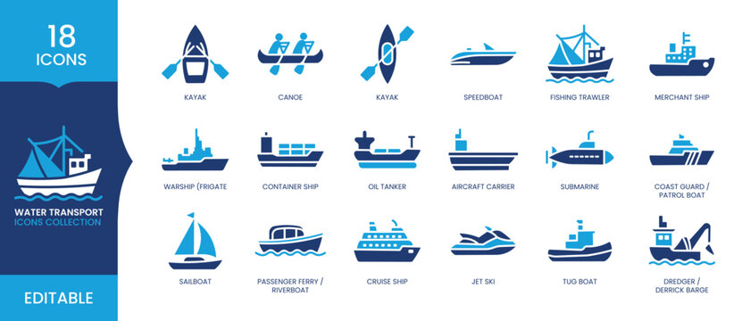 Water Transport Icons Set, Ships Boats Marine Vessel Editable Vector Collection, Nautical Transportation Flat Icons