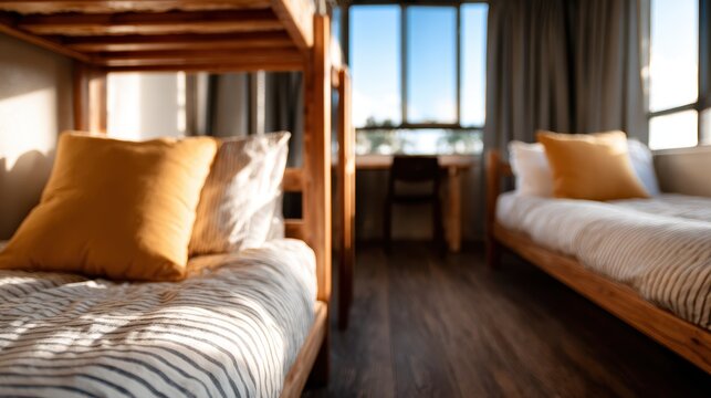 A beautifully styled room with cozy bunk beds and a single bed, enhanced by warm sunlight pouring through large windows, creating a serene and inviting atmosphere.