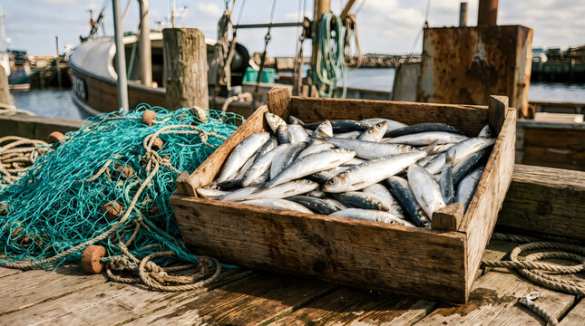 Fresh fish catch in a wooden box at a fishing harbor with nets in the background.