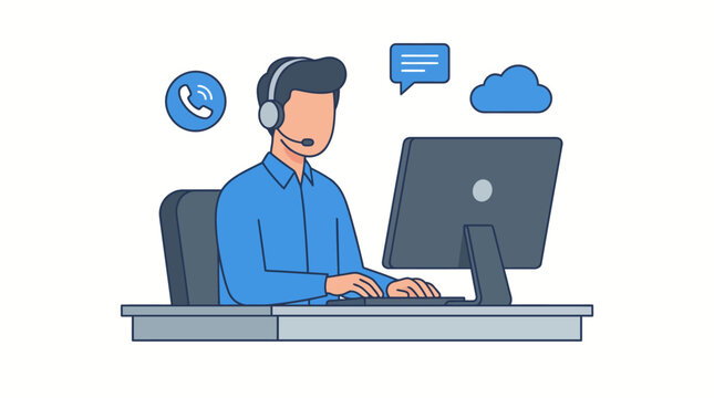 Man wearing headset at computer desk.