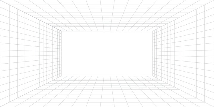 Wireframe Grid Room Perspective Background With Empty Rectangular Space For Mockup