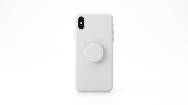 Minimalist White Smartphone with Circular Collapsible Grip Stand on Plain White Background