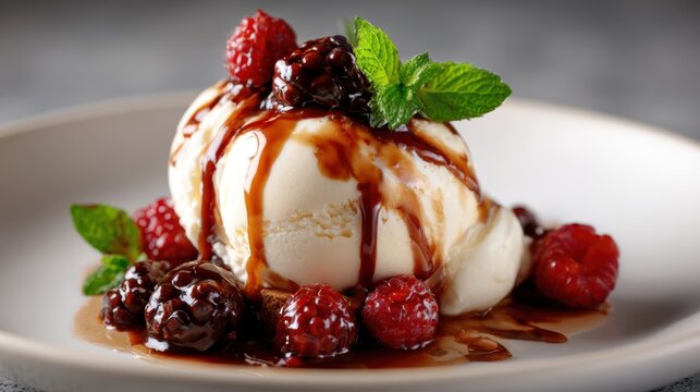 An indulgent scoop of vanilla ice cream drizzled with chocolate sauce and topped with fresh raspberries and blackberries, promising a sumptuous treat for dessert lovers.