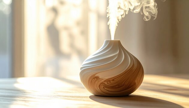 Elegant swirling aroma diffuser releasing a gentle mist on a wooden table, creating a serene atmosphere for home relaxation and wellness