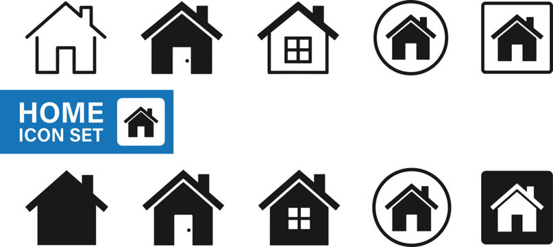House and home button icon set featuring linear and solid architecture shapes for web homepage navigation layout
