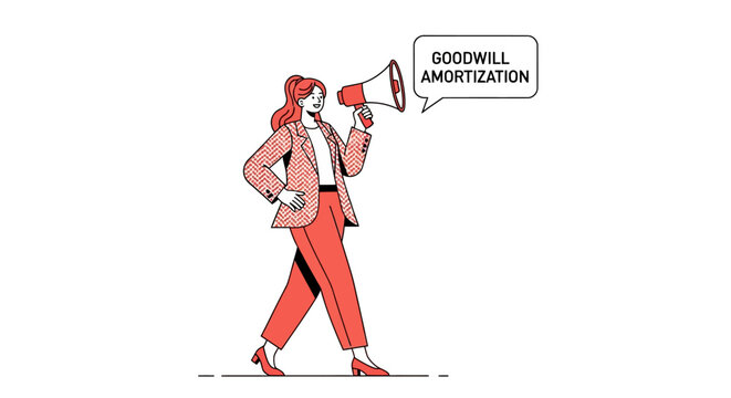 Businesswoman with megaphone promoting goodwill amortization concept.