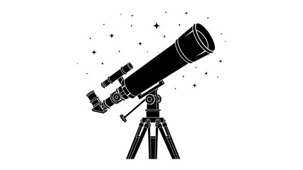 Telescope and Stars Illustration: A black silhouette of a telescope stands ready on its tripod, pointed towards a starry night sky filled with constellations. © Mdalamgir