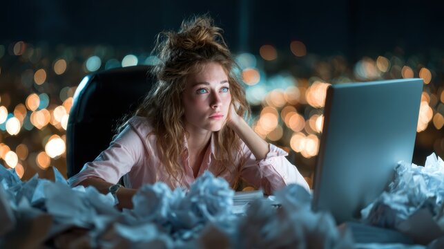 A pensive young woman sits in a cluttered office, gazing thoughtfully at her computer screen, capturing the essence of late-night work and the complexity of creative processes and emotions.