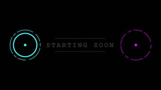 Starting Soon live stream overlay, futuristic HUD loading screen with neon circles, gaming broadcast motion graphics for Twitch and YouTube