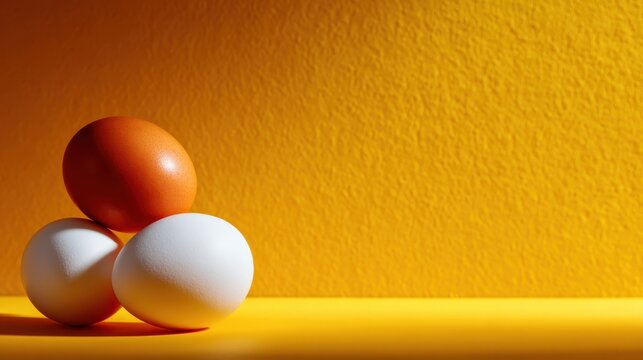 Three vibrant eggs, one orange and two white, are creatively arranged against a bright, textured yellow background, showcasing vivid colors and artistic elements in a minimalist style.