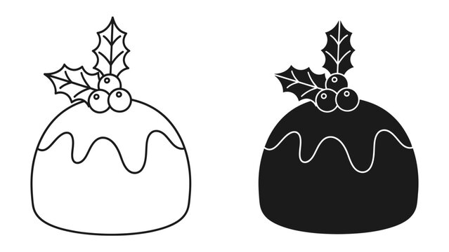 Christmas Pudding Icons: Simple, charming black and white and silhouette icons of a traditional Christmas pudding, adorned with holly berries and leaves.