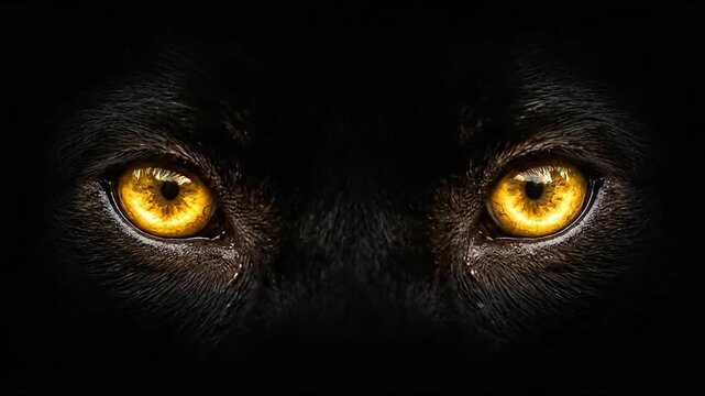 Close up of glowing yellow animal eyes in darkness.