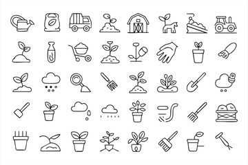 Naklejka premium Agriculture Vector Icons for Organic Farming, Garden Tools, Crop Growth, Irrigation and Rural Farm Design