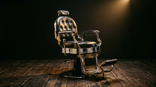 Luxury Vintage Barber Chair Centered on Dark Wooden Floor with Dramatic Spotlight Illumination