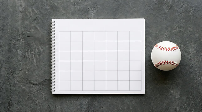 Blank grid calendar notebook and baseball ball on dark background top view
