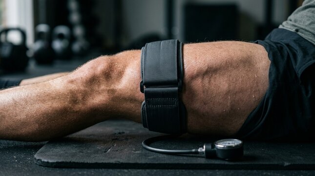 Blood Flow Restriction BFR Cuff on Quadriceps &ndash; Rehabilitation Training Medical Stock Image