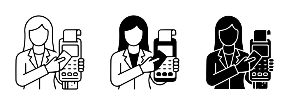 Payment Terminal Icons: Woman with Credit Card, POS Machine, Transaction, Digital Payment, Retail, Service