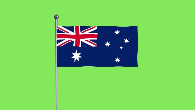 Australian Flag Waving on a Pole Against a Bright Green Background Simple Illustration