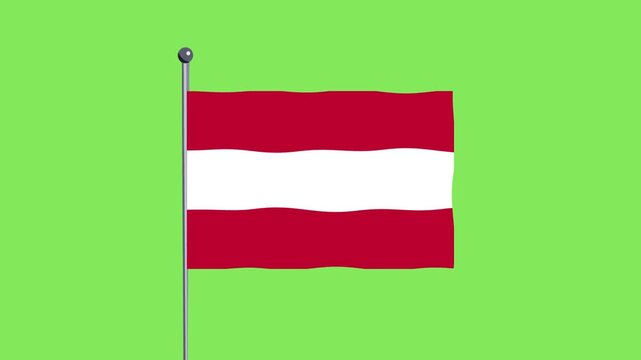Austrian flag waving on a flagpole against a vibrant green background, simple illustration style