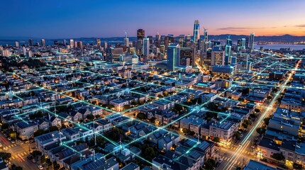 Obraz premium Stunning Aerial View of Urban Cityscape with Layered Technology and Vibrant Night Lights