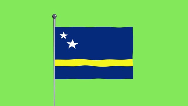 Flag of Curacao waving on a flagpole against a solid green background, simple illustration style