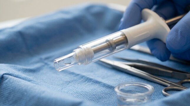 Intraocular Lens Injector Loaded with IOL Close-Up &ndash; Cataract Surgery Device Medical Stock Photo