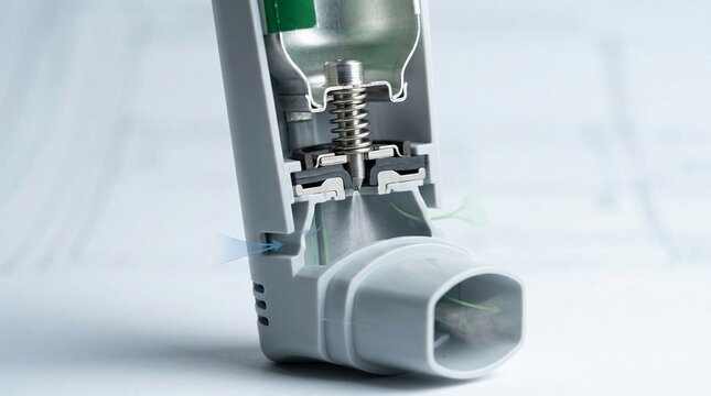 Metered Dose Inhaler MDI Internal Mechanism Cross-Section &ndash; Respiratory Drug Delivery Medical Stock Photo