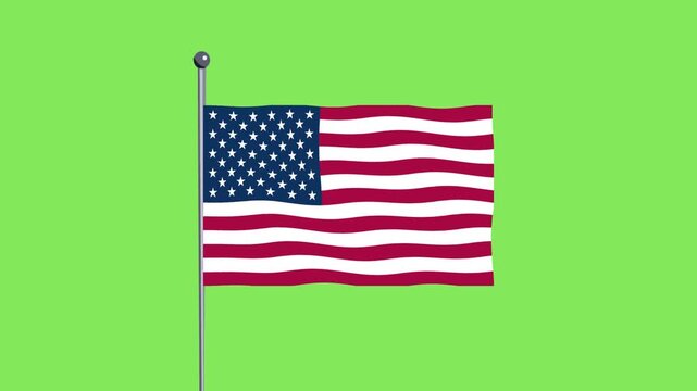 American Flag Waving on a Pole Against a Vibrant Green Background with Copy Space
