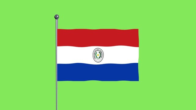 Paraguay flag waving on a flagpole against a solid green background, national symbol of Paraguay