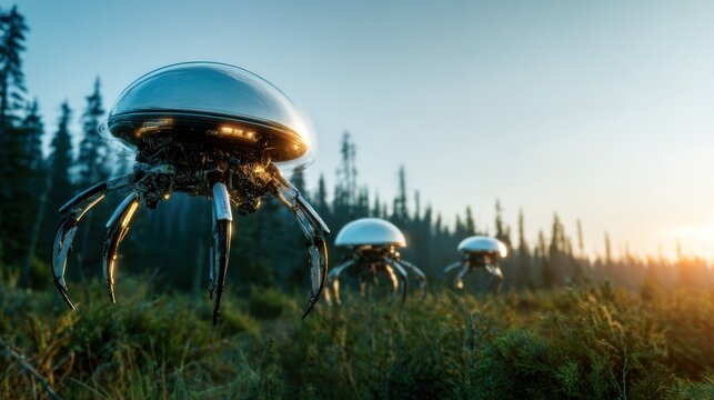 A trio of advanced robots with sleek designs appearing amidst a misty forest, merging futuristic technology with natural surroundings in a thought-provoking visual.