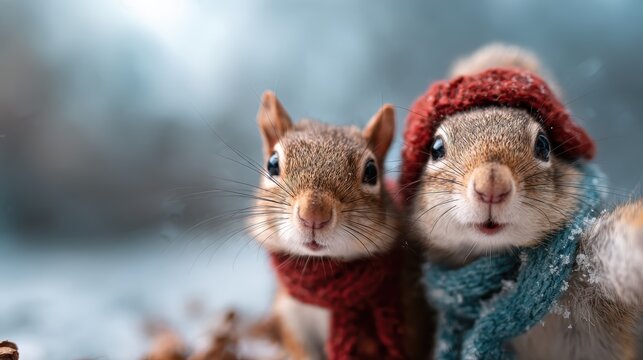 Two adorable squirrels wearing red and blue scarves stand close together in a snowy atmosphere, radiating warmth and cuteness in a wintery setting.