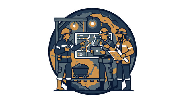 Mining team review geological map and plan excavation with cart and equipment