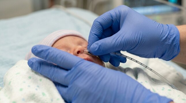 Preterm Infant Feeding Tube NG Placement &ndash; Neonatal Nutritional Support Medical Stock Photo