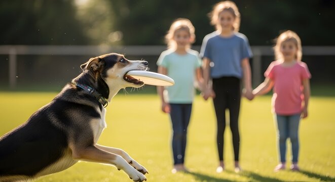Energetic Dog Jumping Catching Frisbee in Sunny Park with Three Children Watching