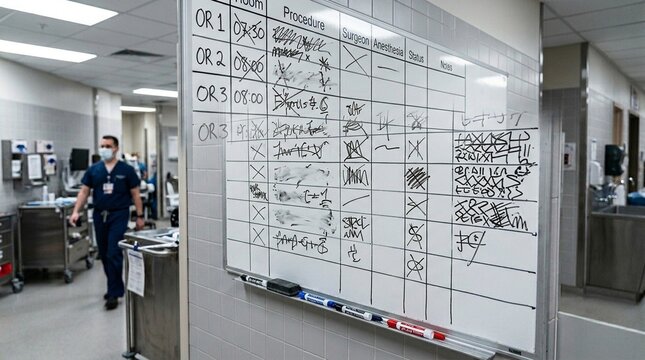 Surgical Scheduling Whiteboard with OR Planned Cases &ndash; Hospital Perioperative Planning Medical Stock Photo
