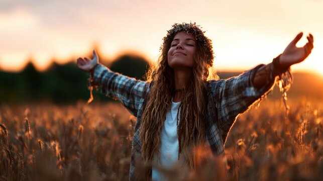 A woman stands in a wheat field during sunset, arms wide open, radiating joy and connection with nature, embracing the beauty of a warm golden hour moment.