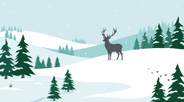 Winter scene with deer and evergreen trees in fresh snow