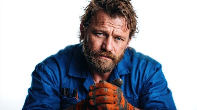 A rugged man in blue work attire reflects determination and strength, portraying the hard-working spirit and perseverance intrinsic to those in manual labor and craftsmanship.
