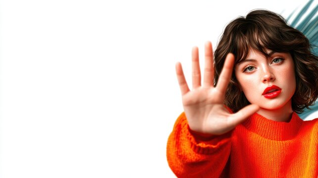 A vibrant young woman in an orange sweater is playfully posing, exuding confidence and charisma while emphasizing the individuality of personal style in a bright scene.
