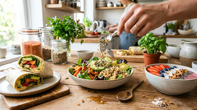 repas vegan, wraps aux l&eacute;gumes grill&eacute;s, d&rsquo;un bol de salade avec quinoa, graines et herbes fra&icirc;ches, smoothie bowl aux fruits rouges, sur une table en bois chaleureuse dans une cuisine lumineuse.