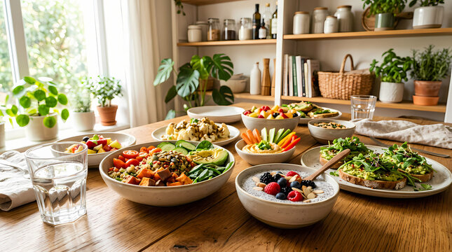 repas vegan, wraps aux l&eacute;gumes grill&eacute;s, d&rsquo;un bol de salade avec quinoa, graines et herbes fra&icirc;ches, smoothie bowl aux fruits rouges, sur une table en bois chaleureuse dans une cuisine lumineuse.