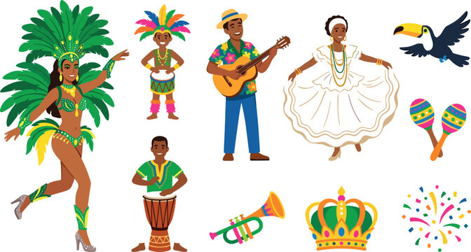 Brazilian Carnival Vector Illustration Set Featuring Samba Dancer Musician with Guitar Drummers Toucan Crown Maracas and Firework Elements for Festival Designs