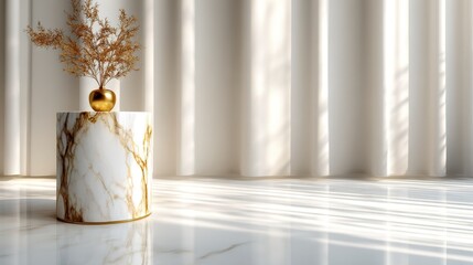 Fototapeta premium A stylish and minimalistic interior scene features a marble table with a decorative vase, where light plays softly across the surfaces, capturing a sense of elegance and simplicity.