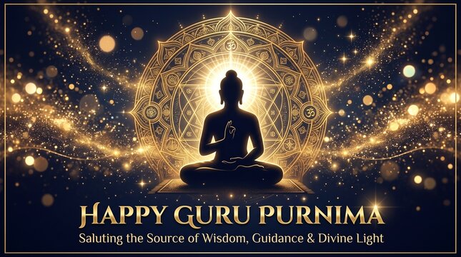 Guru Purnima Celebration Background with Golden Mandala and Silhouette