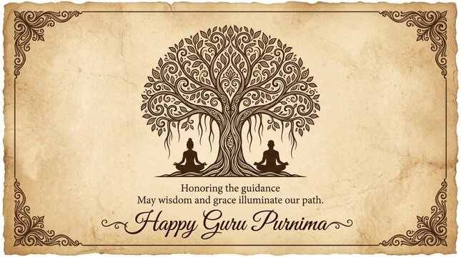 Happy Guru Purnima abstract vector artwork featuring silhouettes of a guru and shishya in a sacred posture under a Bodhi tree, glowing auras, and traditional Indian decorative 